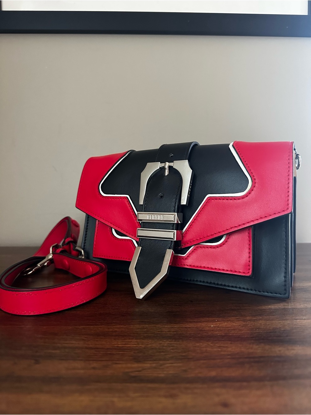 Versus Versace Red & Black Leather Buckle Shoulder Bag NWOT